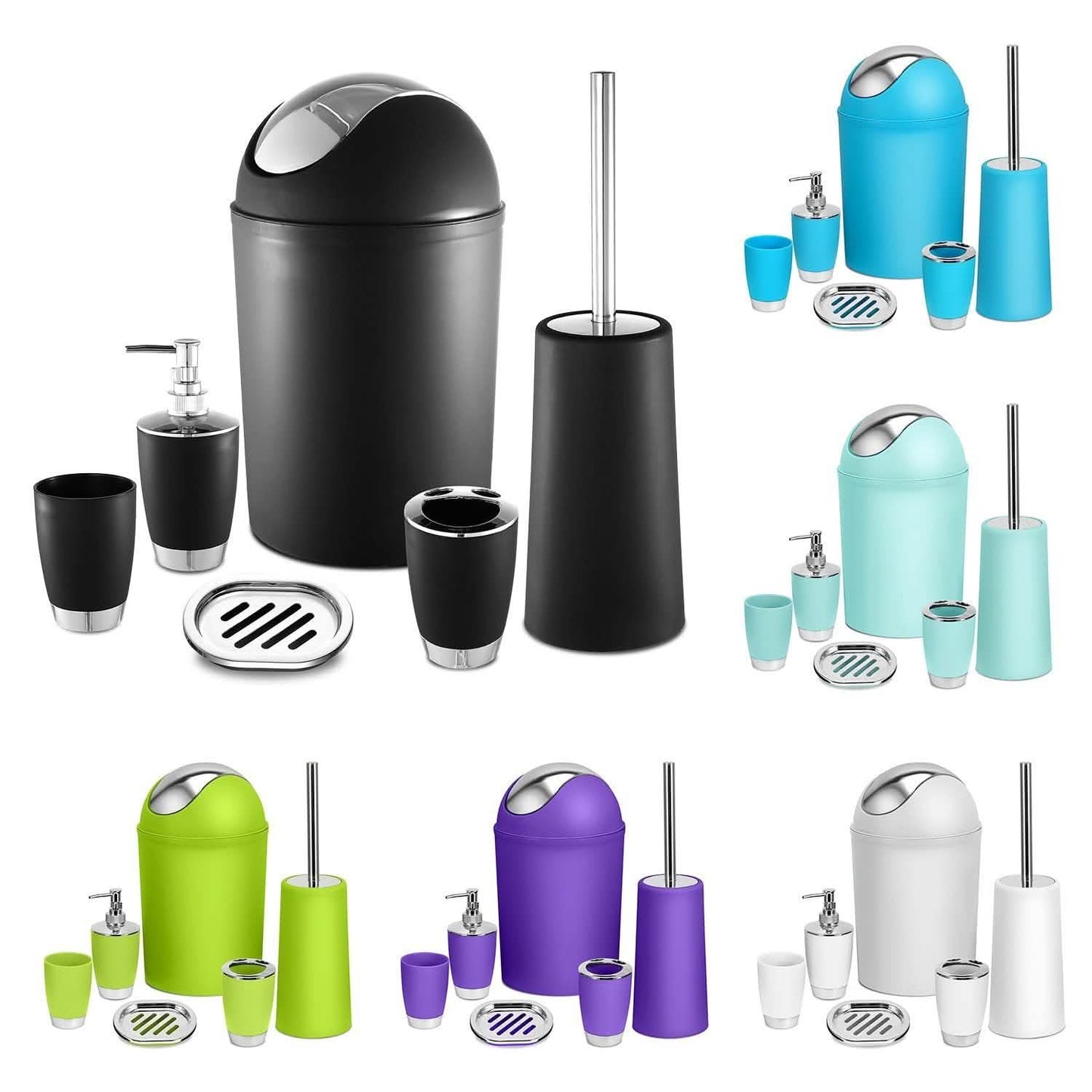 PureFlow 6-Piece Bathroom Accessories Set – Soap Dispenser, Toothbrush Holder, Trash Can & More