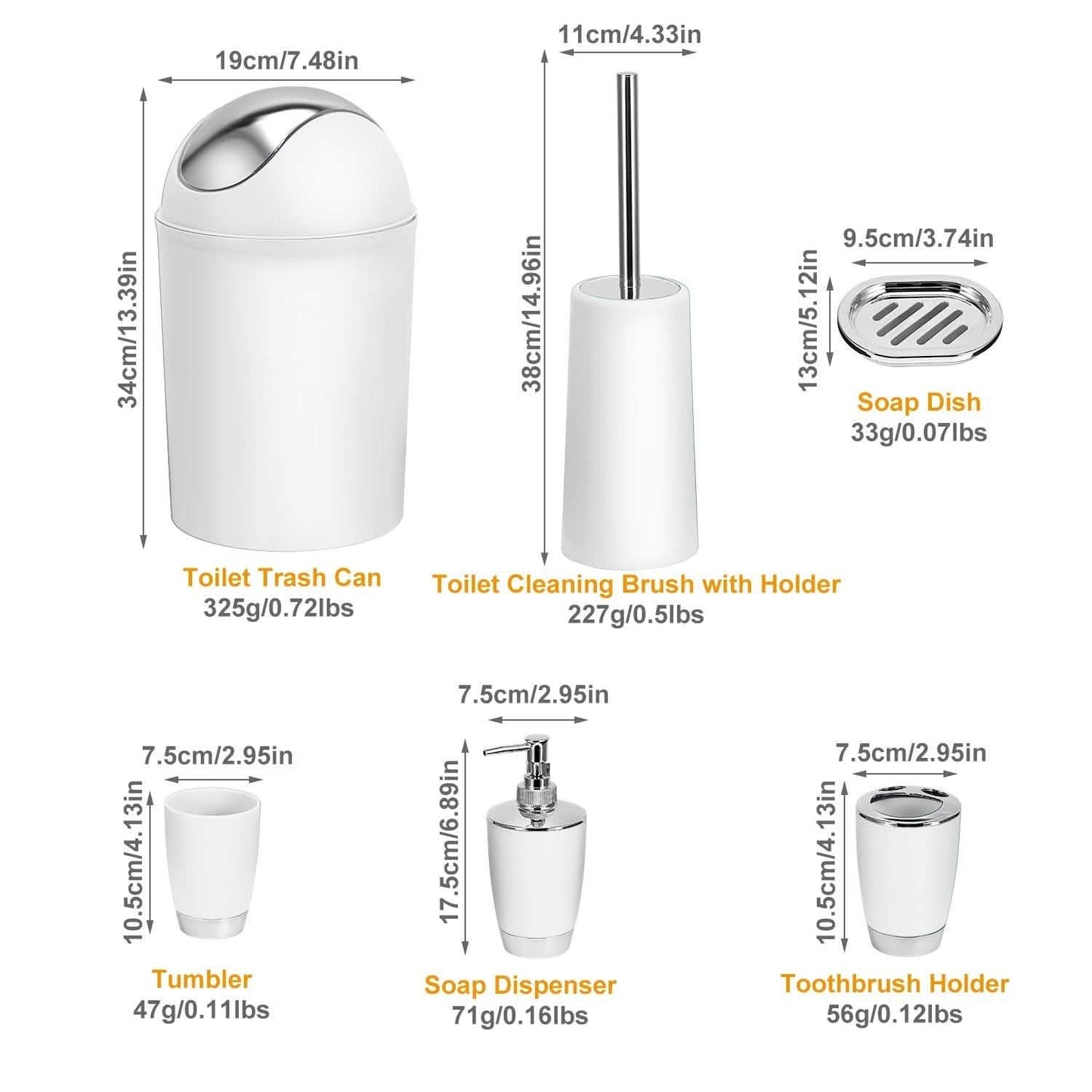 PureFlow 6-Piece Bathroom Accessories Set – Soap Dispenser, Toothbrush Holder, Trash Can & More