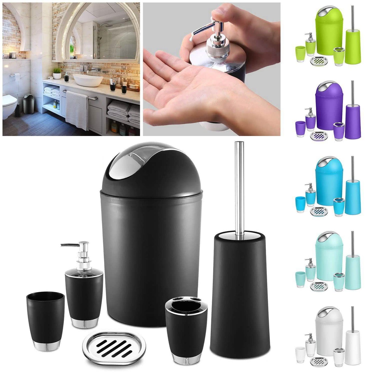 PureFlow 6-Piece Bathroom Accessories Set – Soap Dispenser, Toothbrush Holder, Trash Can & More