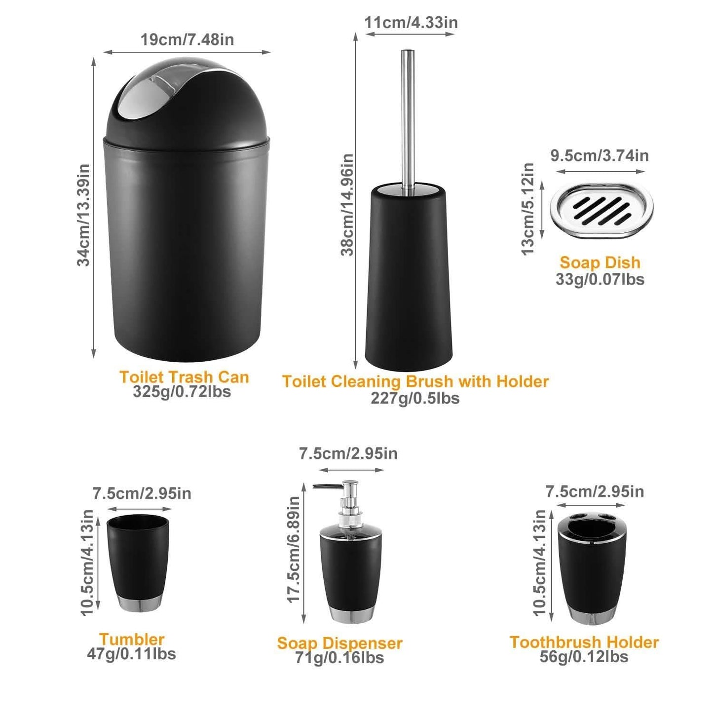 PureFlow 6-Piece Bathroom Accessories Set – Soap Dispenser, Toothbrush Holder, Trash Can & More