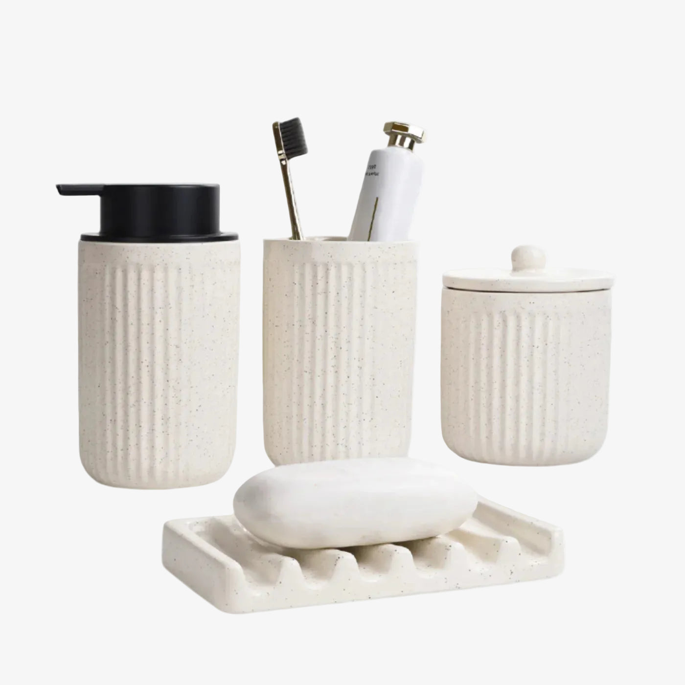 PureFlow Recycled Ceramic Bathroom Set – 4-Piece, Eco-Clay, Liquid Dispenser Included