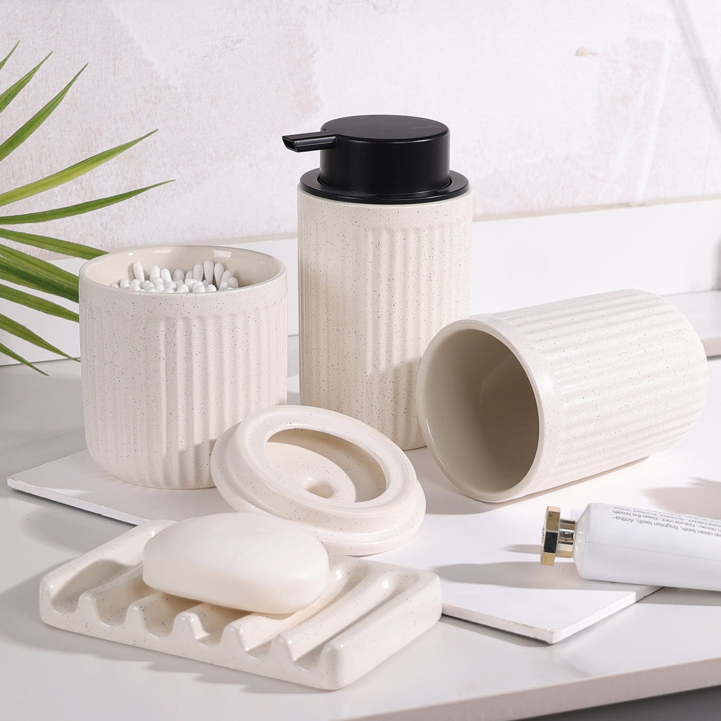 PureFlow Recycled Ceramic Bathroom Set – 4-Piece, Eco-Clay, Liquid Dispenser Included