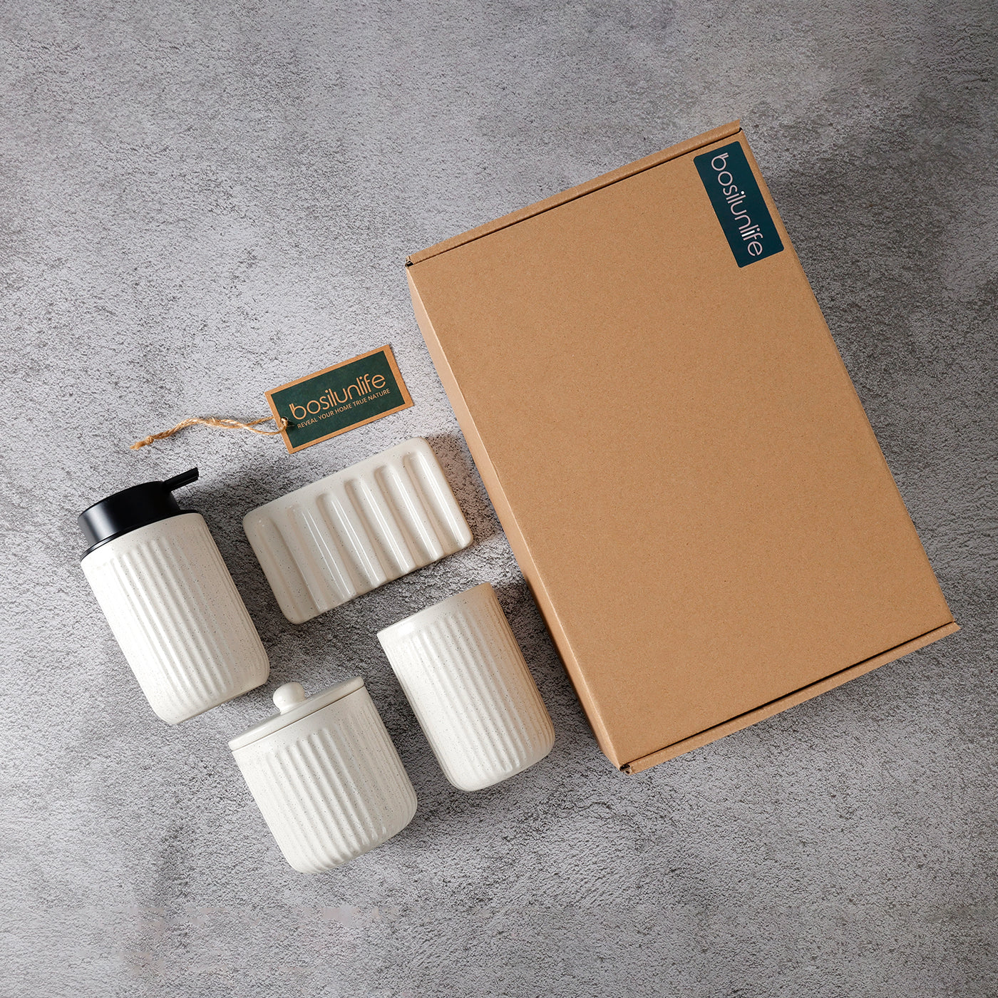 PureFlow Recycled Ceramic Bathroom Set – 4-Piece, Eco-Clay, Liquid Dispenser Included